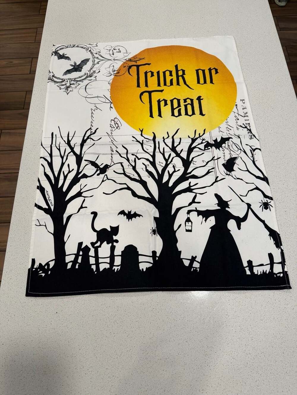Halloween Trick or Treat Fabric Wall Hanging Witch Bats Cat 27x20 Decor